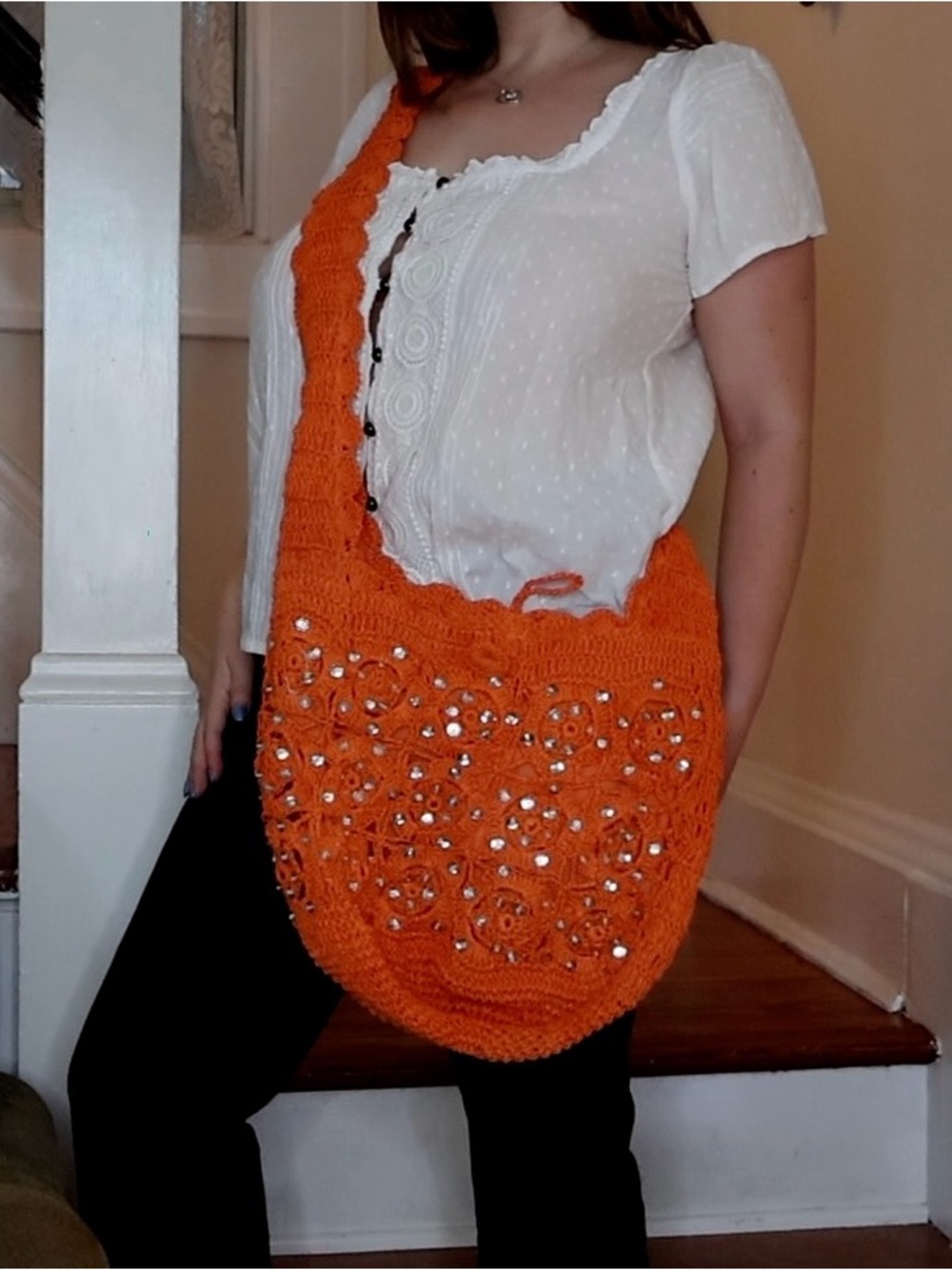 Orange Sequin Woven Bag with Bead Embellishments - Beach Summer Carryall